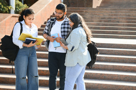 Portrait of three multi-ethnic university students embracing together standing in the campus.の写真素材