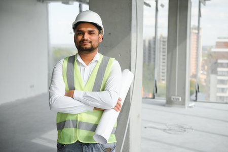 Indian construction site manager standing wearing helmet, thinking at construction site. Portrait of...