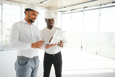 engineers team are discussing while inspecting at construction site.