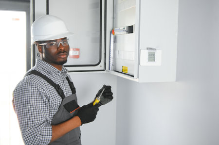 A male electrician works in a switchboard.