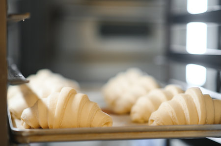 Raw croissants on a baking tray, prepared for baking.