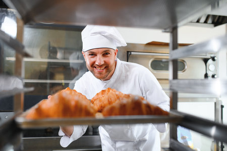 A young handsome male baker holds a tray with French croissants in front of a bakery and smiles.