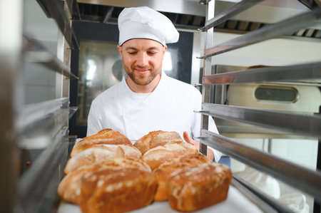 Male baker holding board with assortment of fresh bread in shop.
