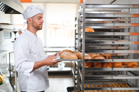 Male baker holding a tray of baked breads in bakery shop.