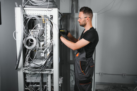 Repairman is busy and working with internet equipment and wires in server room.の写真素材