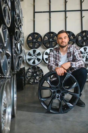 man chooses new alloy wheels in auto shop.の写真素材