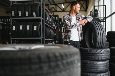 customer tire fitting in the car service, auto mechanic checks the tire and rubber tread for safety, concept: repair of machines, fault diagnosis, repair. man buy in car service shop