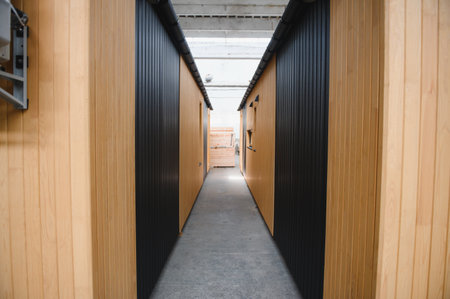 A new wooden modular prefabricated house inside in manufacturing facility.の写真素材