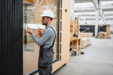 A worker installs windows in a new modular home. The concept of a new home.