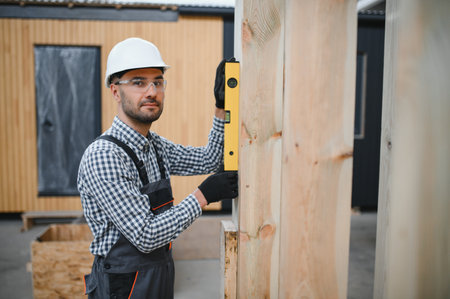 Portrait of a young carpenter worker in a helmet at the construction site of modular houses.