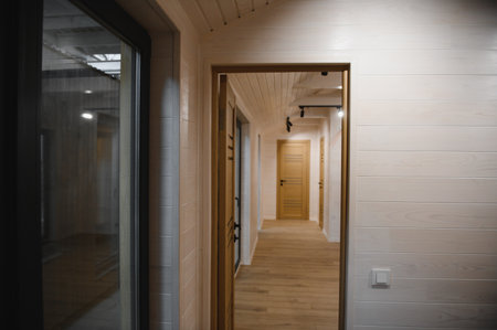 Production of new wooden modular houses. Construction site.の写真素材