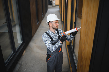 A worker installs windows in a new modular home. The concept of a new home.の写真素材