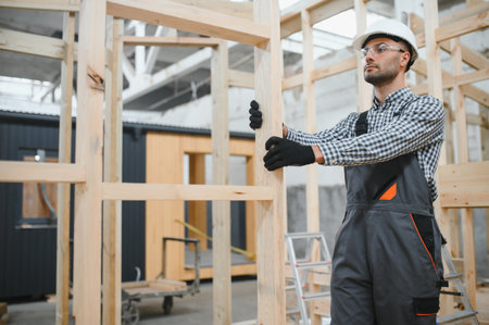A worker or engineer in a uniform works on a construction site for the manufacture of wooden modular...