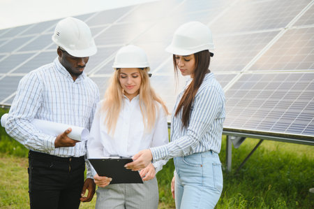 Three technical engineers review plan on paper and discuss. men listen to woman's explanations about...