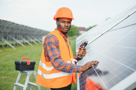 African american man in safety helmet on solar panels with screwdriver. Competent technician using...