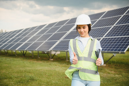Portrait of young female engineer standing near solar panels. Beautiful female professional in white helmet smiling at camera.の写真素材
