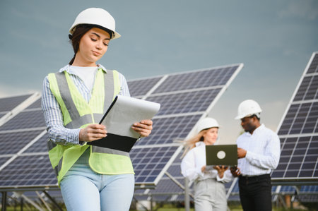 A group of engineers work on a solar panel farmの写真素材