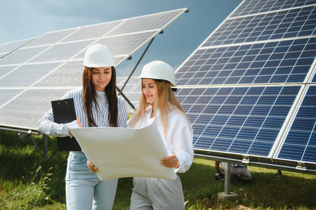 Portrait of young female engineers standing near solar panels.の写真素材