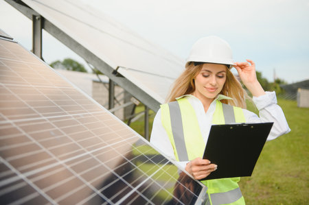 Beautiful young engineer with clipboard standing near solar panels outdoors.の写真素材