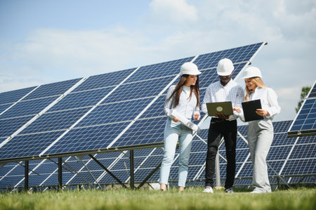 Group of investors together with young lady ecological engineer they analyzing the plan of work and the efficient operation of solar batteries.の写真素材