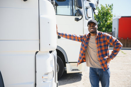 portrait African American men happy Smiling confident positive standing near lorry.