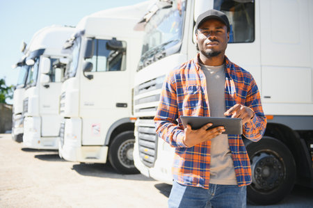 Happy African American truck driver on parking. Copy space.の写真素材