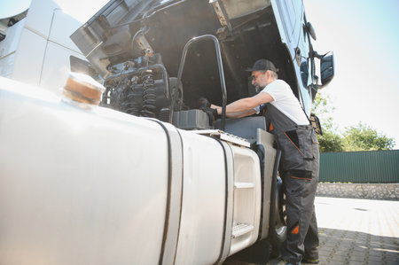 A senior worker checks wheel. Truck malfunction. Service work.の写真素材
