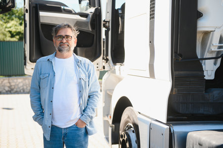 Senior man walking in front of his truck.の写真素材