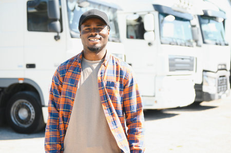 portrait African American men happy Smiling confident positive standing near lorry.