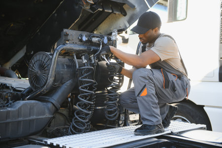 Professional truck mechanic working in vehicle repair service.の写真素材
