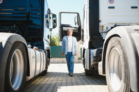 Happy confident male driver standing in front on his truck.