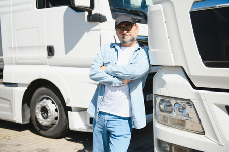 Happy confident male driver standing in front on his truck.の写真素材