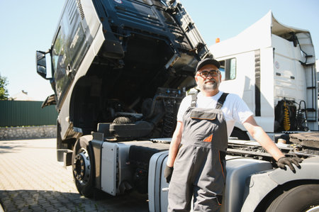 A senior worker checks wheel. Truck malfunction. Service work.