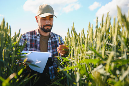 Young farmer walking in a green wheat field examining crop.