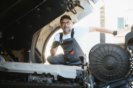 A senior worker checks wheel. Truck malfunction. Service work.の写真素材