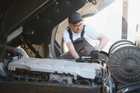 Professional truck mechanic working in vehicle repair service.の写真素材