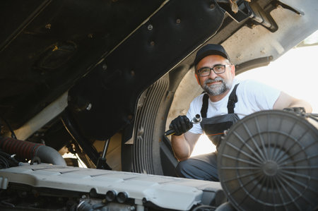 A senior worker checks wheel. Truck malfunction. Service work.の写真素材