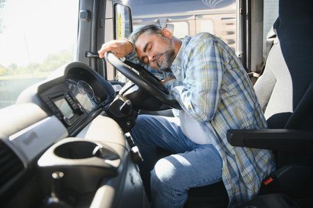 Tired of work. Sitting in the cabin. Young truck driver is with his vehicle at daytime.