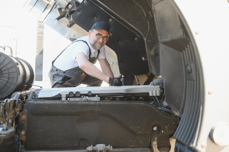 A senior worker checks wheel. Truck malfunction. Service work.の写真素材