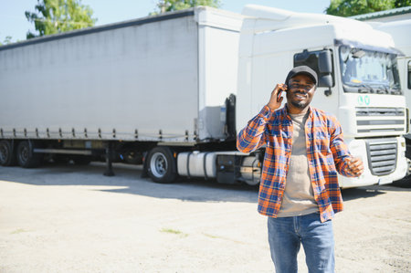 portrait African American men happy Smiling confident positive standing near lorry.