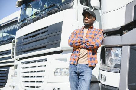 Happy African American truck driver on parking. Copy space.の写真素材