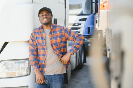 Professional truck driver Standing in front of the semi truck container yard. African young man cheerful proud business owner Delivery transportation carry Import Export Warehouseの写真素材