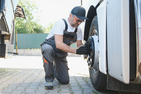 Caucasian Professional Truck Mechanic Rebuilding Heavy Duty Truck Diesel Engine. Automotive Industry Theme.の写真素材