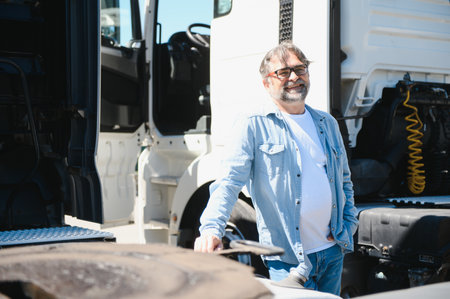 Portrait of bearded trucker standing by his truck vehicle. Transportation service. Truck driver job.の写真素材