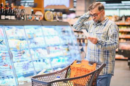 Happy senior man at grocery store products.の写真素材