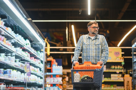 Handsome man shopping in a supermarket.の写真素材