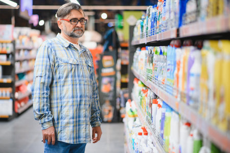 Portrait of focused man buying household chemicals in supermarket, reading labels on bottles.の写真素材