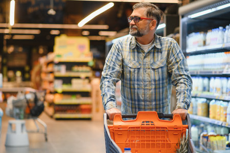 Happy senior man at grocery store products.の写真素材