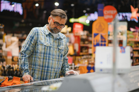 Happy senior man at grocery store products.の写真素材