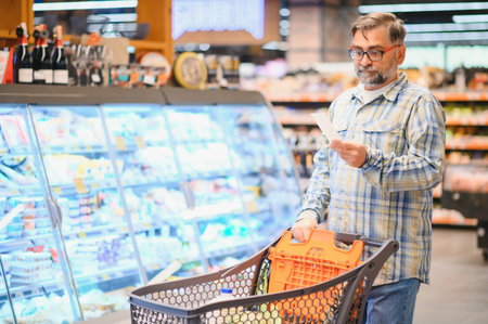 Minded man viewing receipts in supermarket and tracking prices.の写真素材